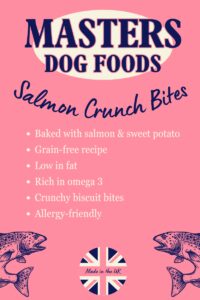 A photo of a bag of Masters Grain-Free Salmon Crunch Bites